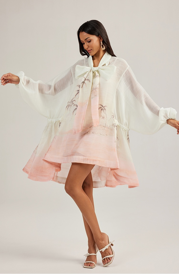 Lantern sleeve bow printing vacation loose dress