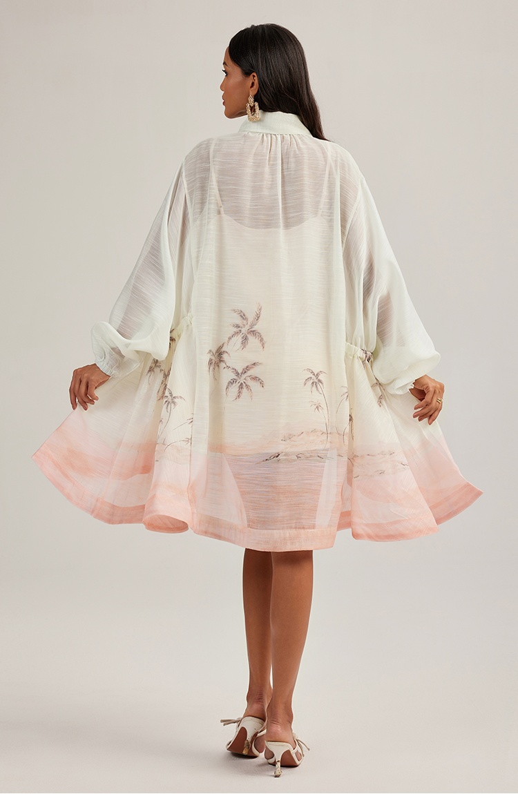 Lantern sleeve bow printing vacation loose dress
