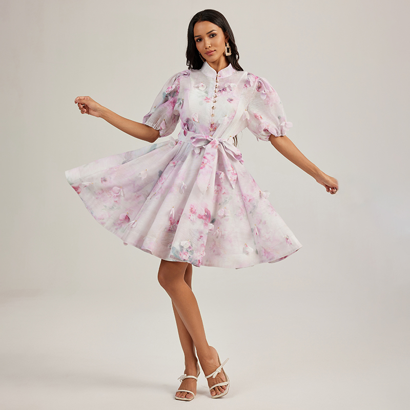 Beading colors vacation France style printing short dress