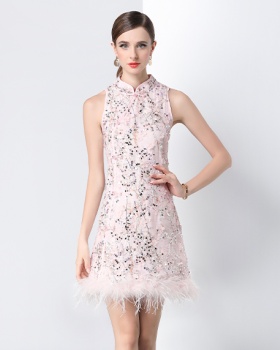 Retro splice formal dress pinched waist sequins dress for women