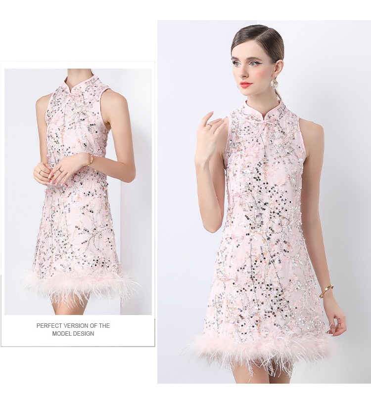 Retro splice formal dress pinched waist sequins dress for women