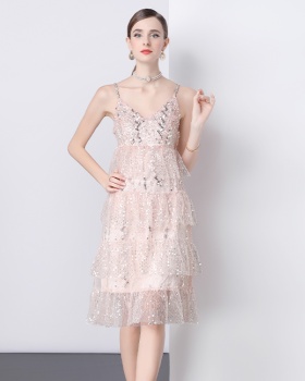 Sling sequins pink rhinestone dress