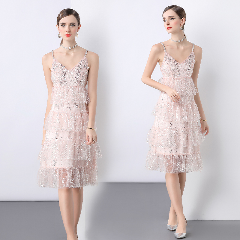 Sling sequins pink rhinestone dress
