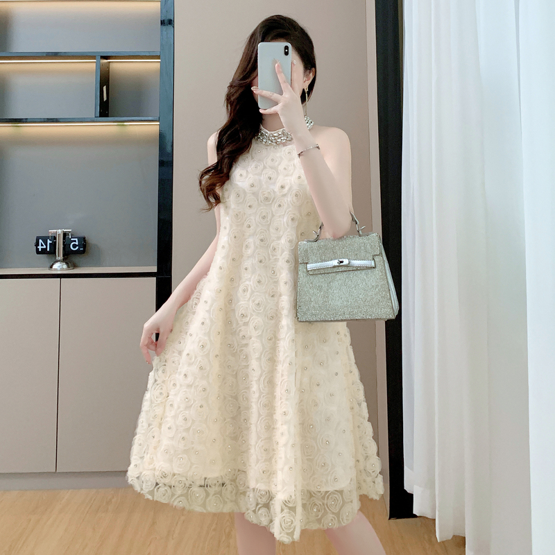 Summer halter dress rhinestone flowers long dress