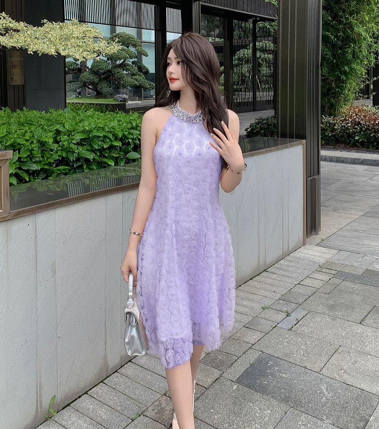 Summer halter dress rhinestone flowers long dress