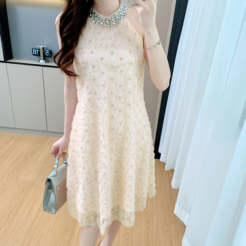 Summer halter dress rhinestone flowers long dress