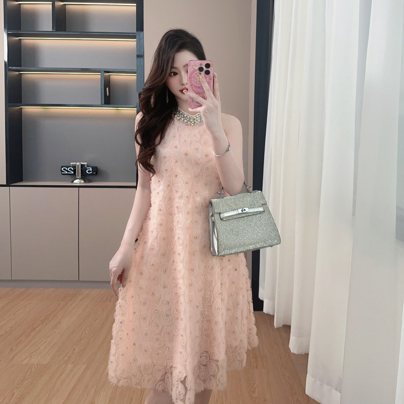 Summer halter dress rhinestone flowers long dress