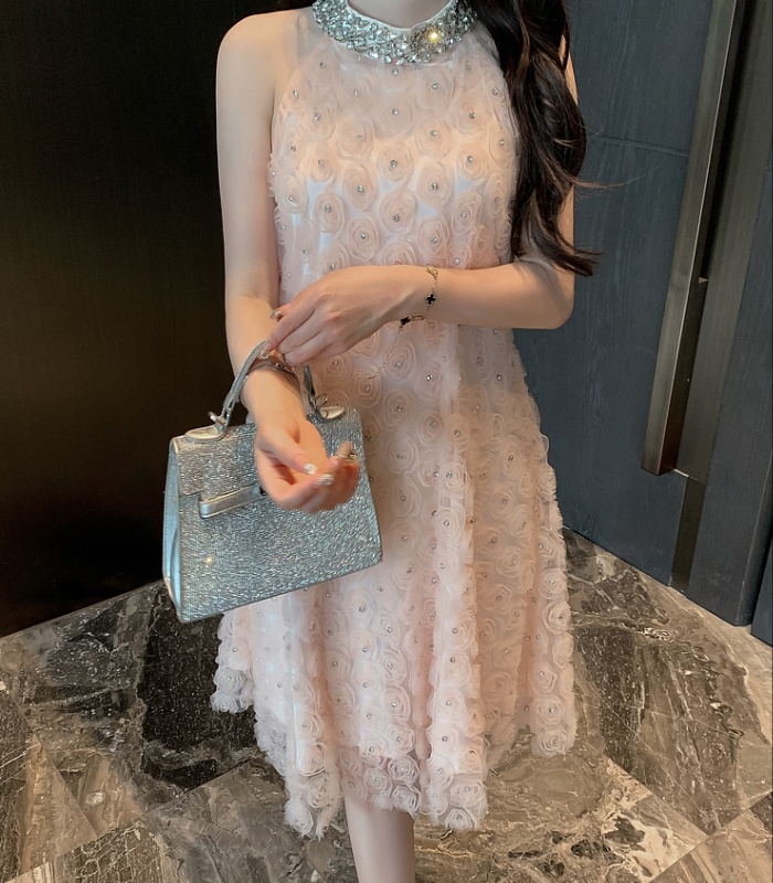Summer halter dress rhinestone flowers long dress
