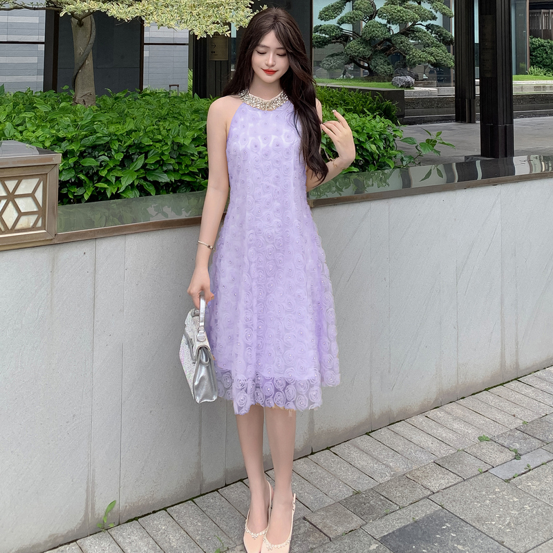Summer halter dress rhinestone flowers long dress