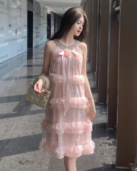 Halter embroidery bow shell beading sequins dress