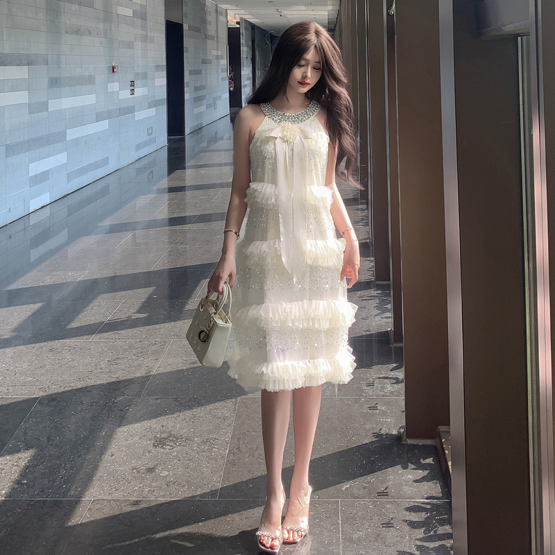 Halter embroidery bow shell beading sequins dress