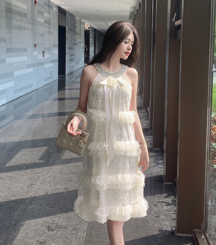 Halter embroidery bow shell beading sequins dress