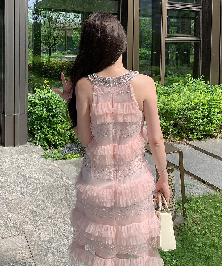 Halter embroidery bow shell beading sequins dress