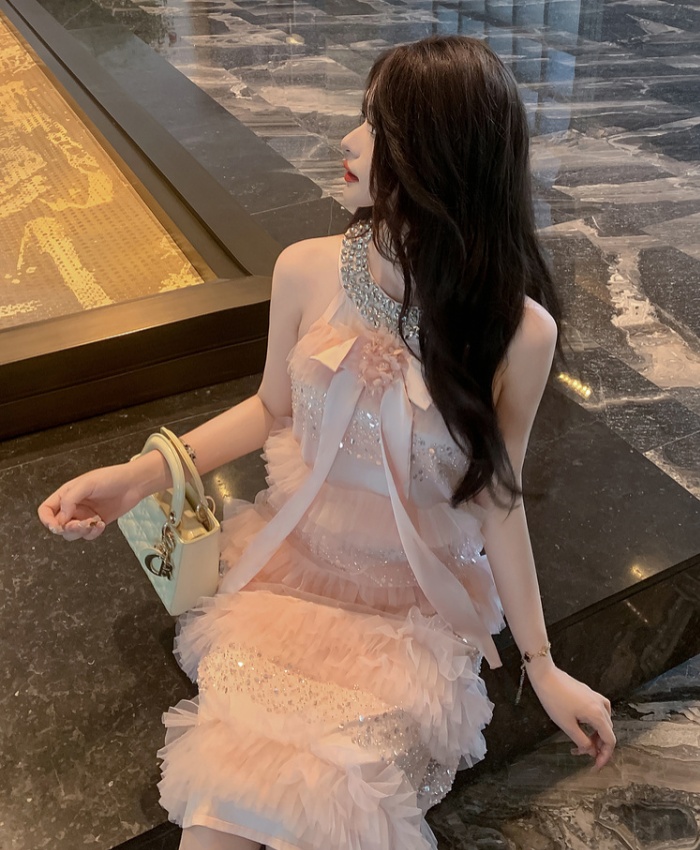 Halter embroidery bow shell beading sequins dress