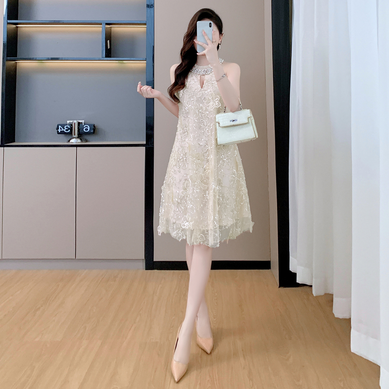 Halter ladies flowers sequins stereoscopic dress