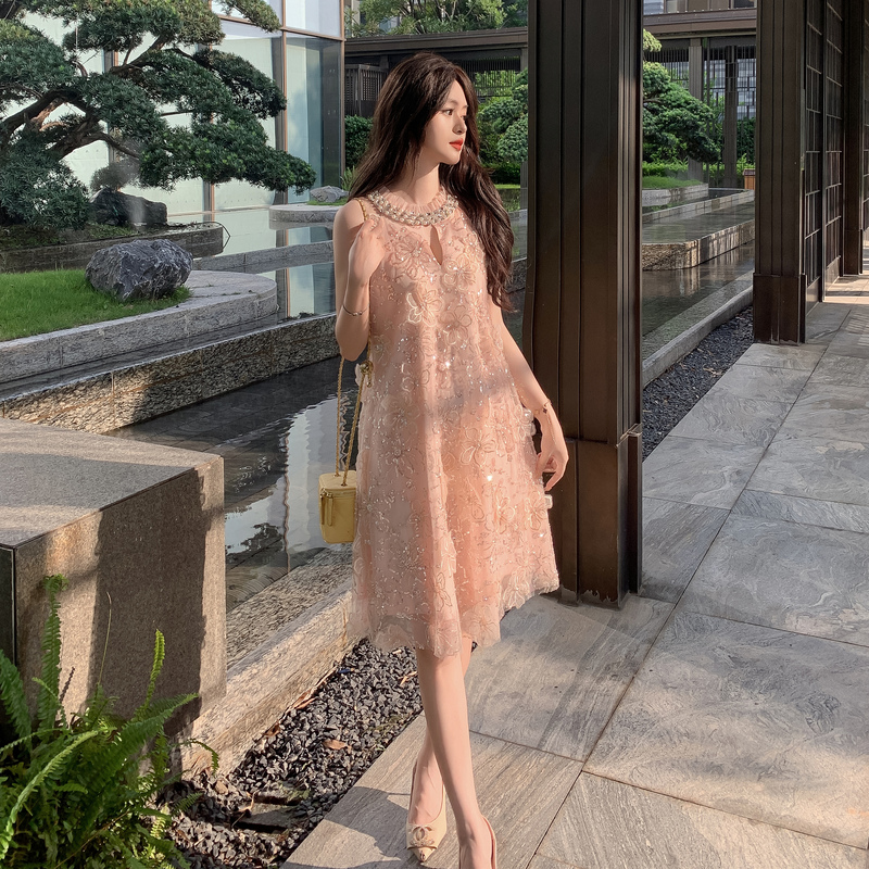 Halter ladies flowers sequins stereoscopic dress