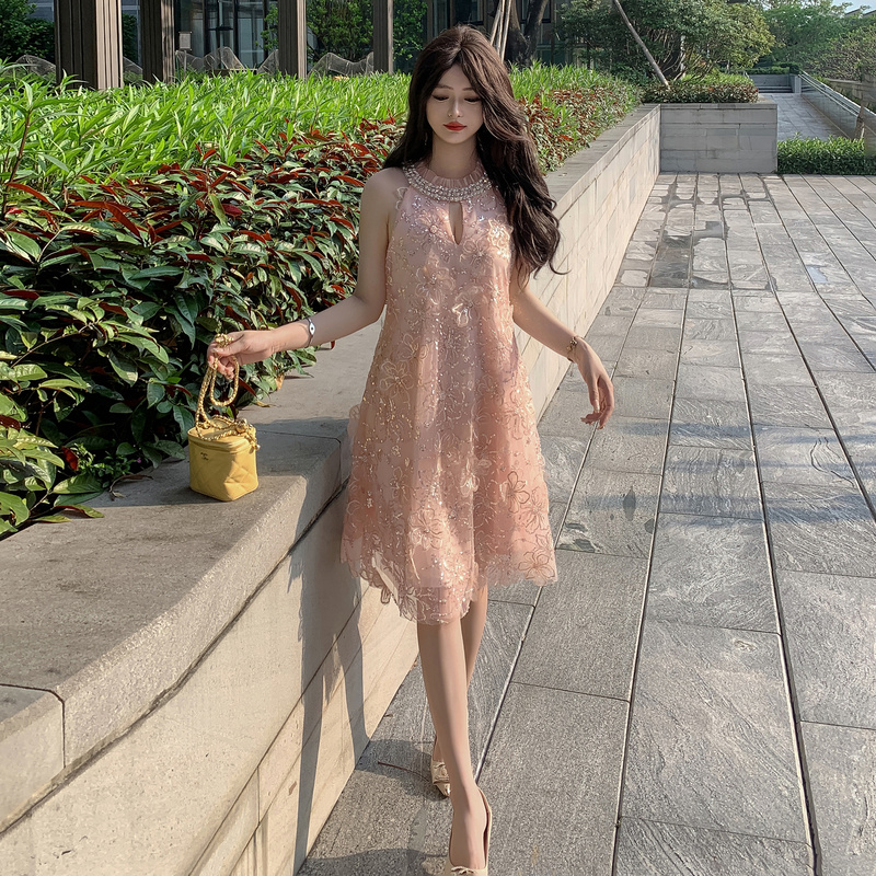 Halter ladies flowers sequins stereoscopic dress