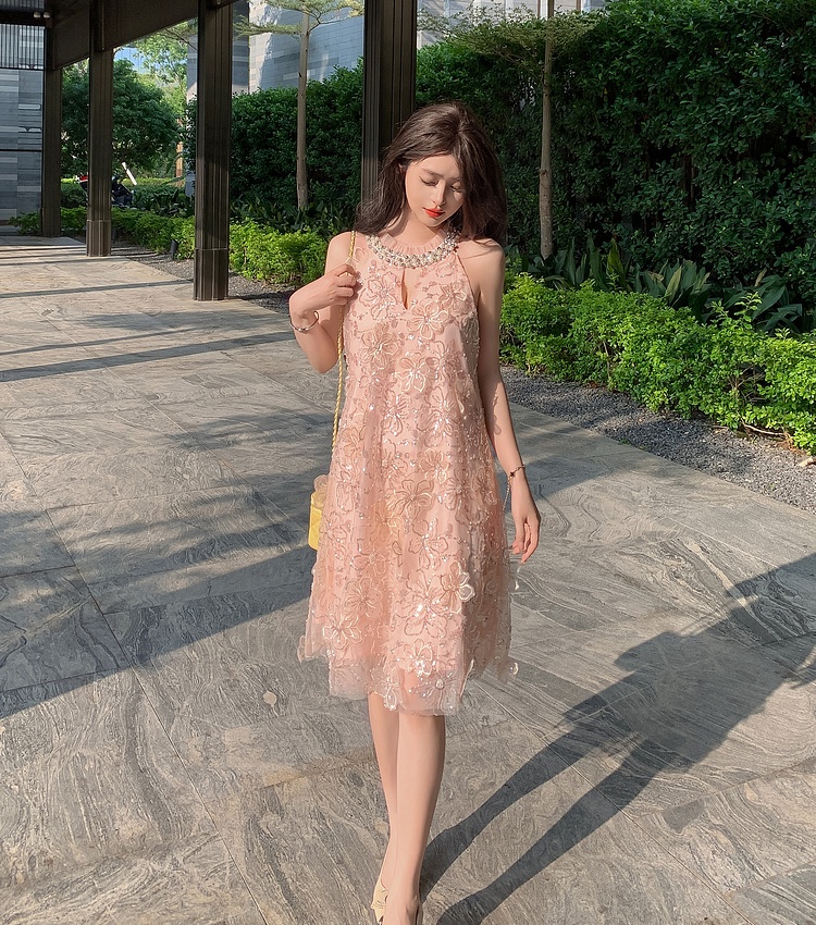 Halter ladies flowers sequins stereoscopic dress