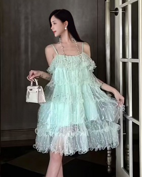 Tender fashion summer dress sweet rhinestone pearl strap dress