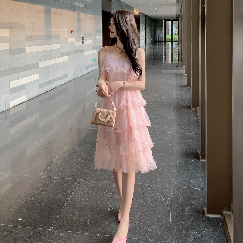 Tender fashion summer dress sweet rhinestone pearl strap dress