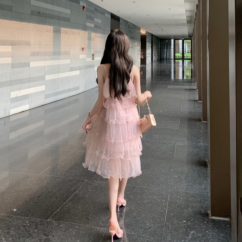 Tender fashion summer dress sweet rhinestone pearl strap dress