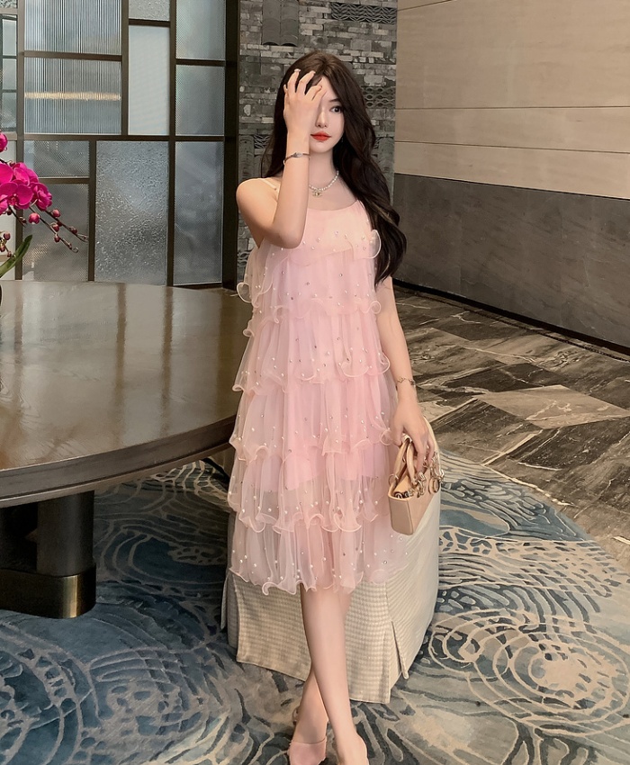 Tender fashion summer dress sweet rhinestone pearl strap dress
