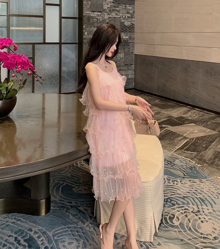 Tender fashion summer dress sweet rhinestone pearl strap dress