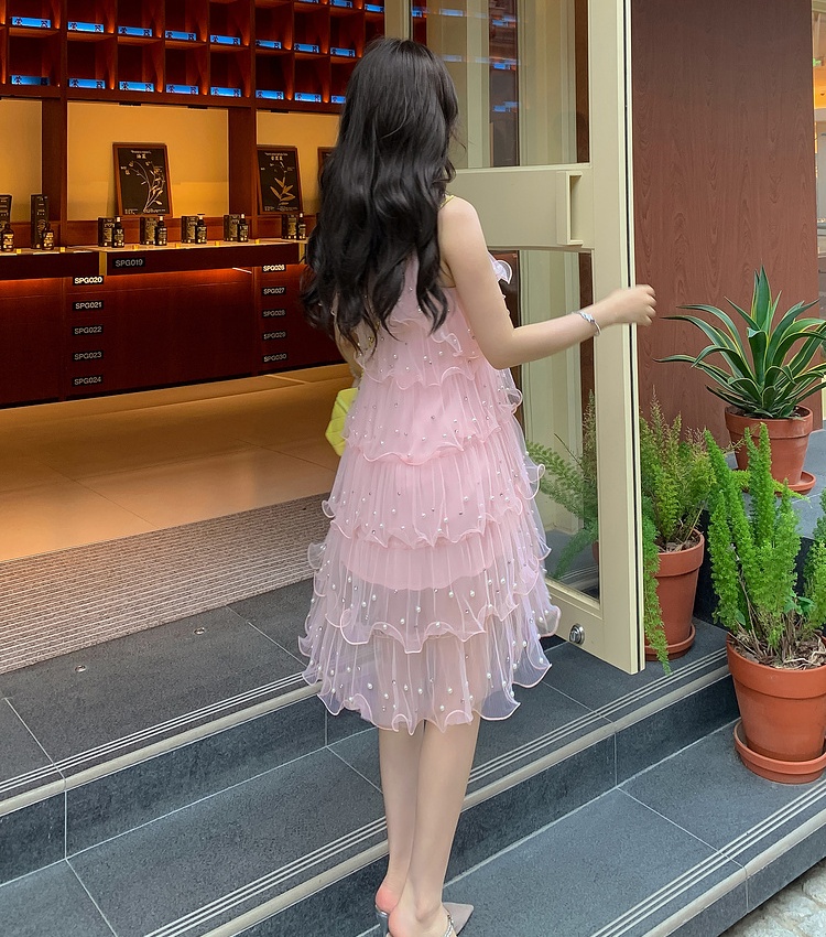 Tender fashion summer dress sweet rhinestone pearl strap dress
