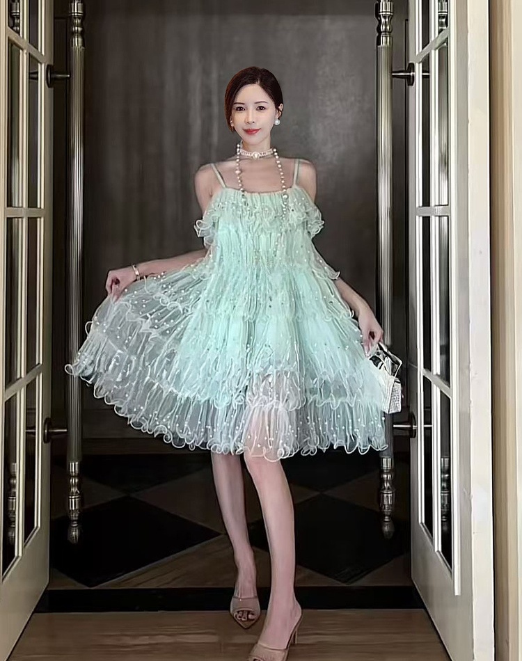 Tender fashion summer dress sweet rhinestone pearl strap dress