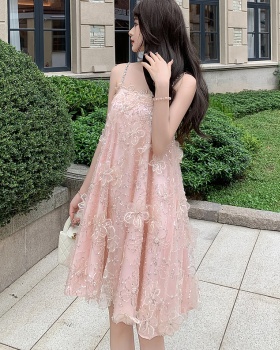 Gauze ladies flowers embroidery light luxury sling dress