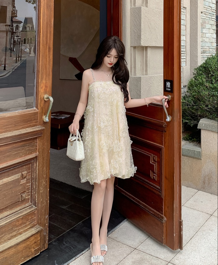 Gauze ladies flowers embroidery light luxury sling dress