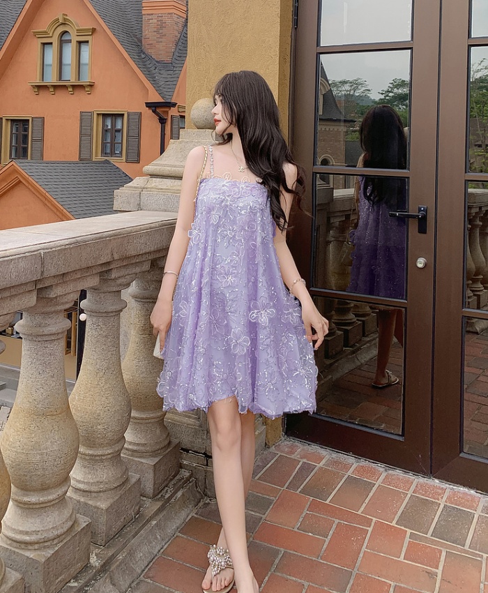 Gauze ladies flowers embroidery light luxury sling dress