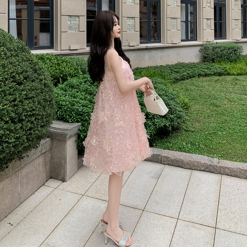 Gauze ladies flowers embroidery light luxury sling dress