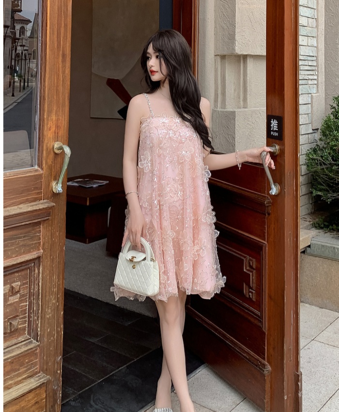 Gauze ladies flowers embroidery light luxury sling dress
