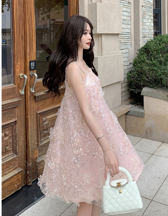 Gauze ladies flowers embroidery light luxury sling dress
