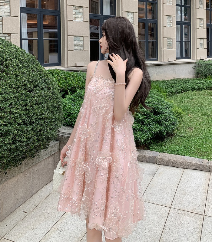 Gauze ladies flowers embroidery light luxury sling dress