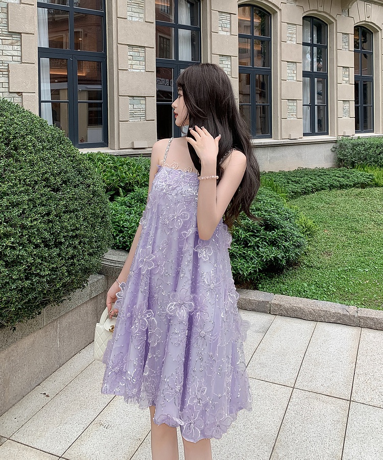 Gauze ladies flowers embroidery light luxury sling dress