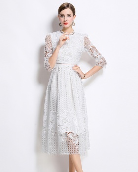 Lace slim printing long sleeve hollow dress