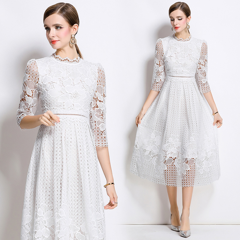 Lace slim printing long sleeve hollow dress