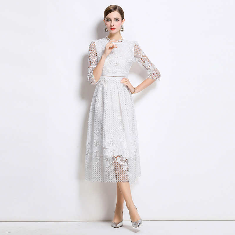 Lace slim printing long sleeve hollow dress