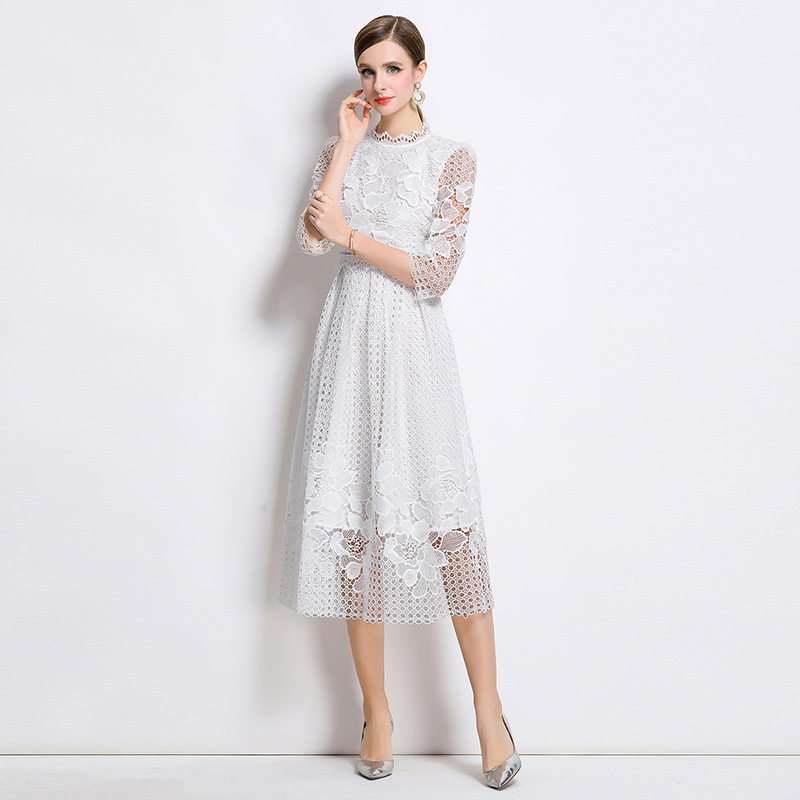 Lace slim printing long sleeve hollow dress