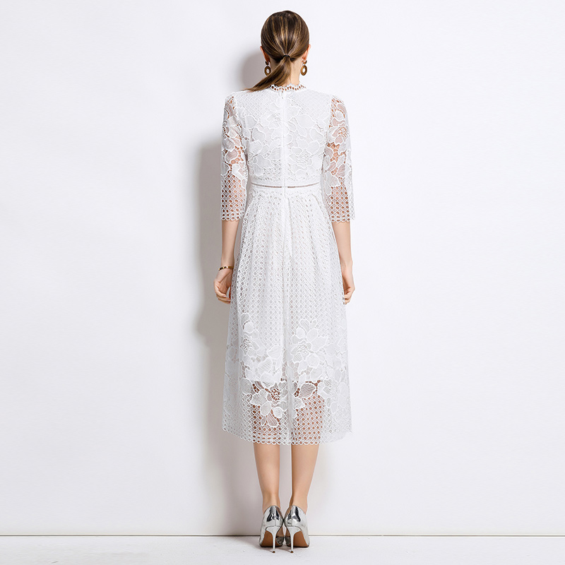 Lace slim printing long sleeve hollow dress
