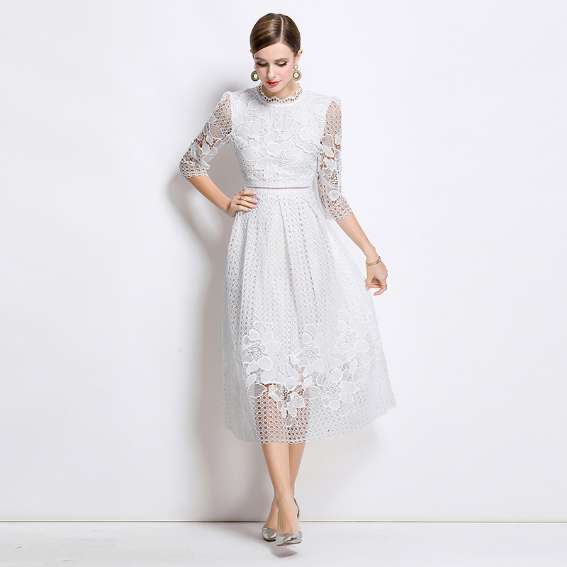 Lace slim printing long sleeve hollow dress