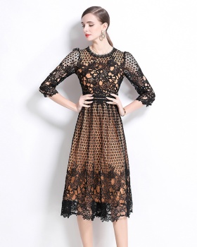 Lace slim hollow long sleeve printing dress