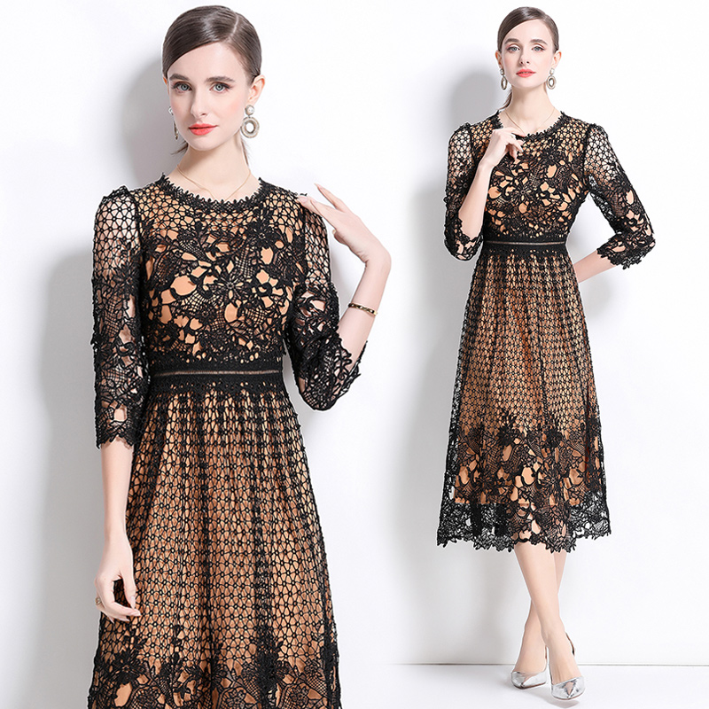Lace slim hollow long sleeve printing dress