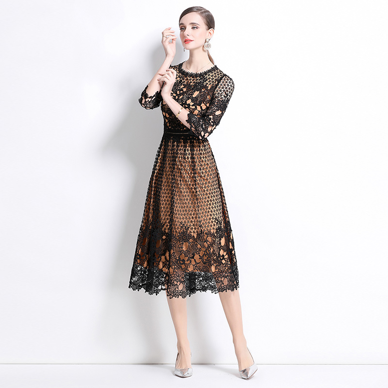 Lace slim hollow long sleeve printing dress