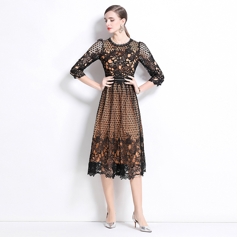 Lace slim hollow long sleeve printing dress