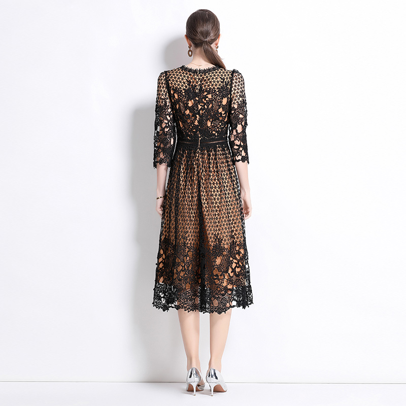 Lace slim hollow long sleeve printing dress