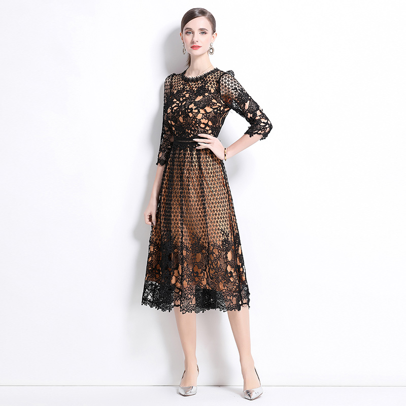 Lace slim hollow long sleeve printing dress