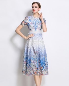 Light luxury slim lace long hollow printing fashion dress